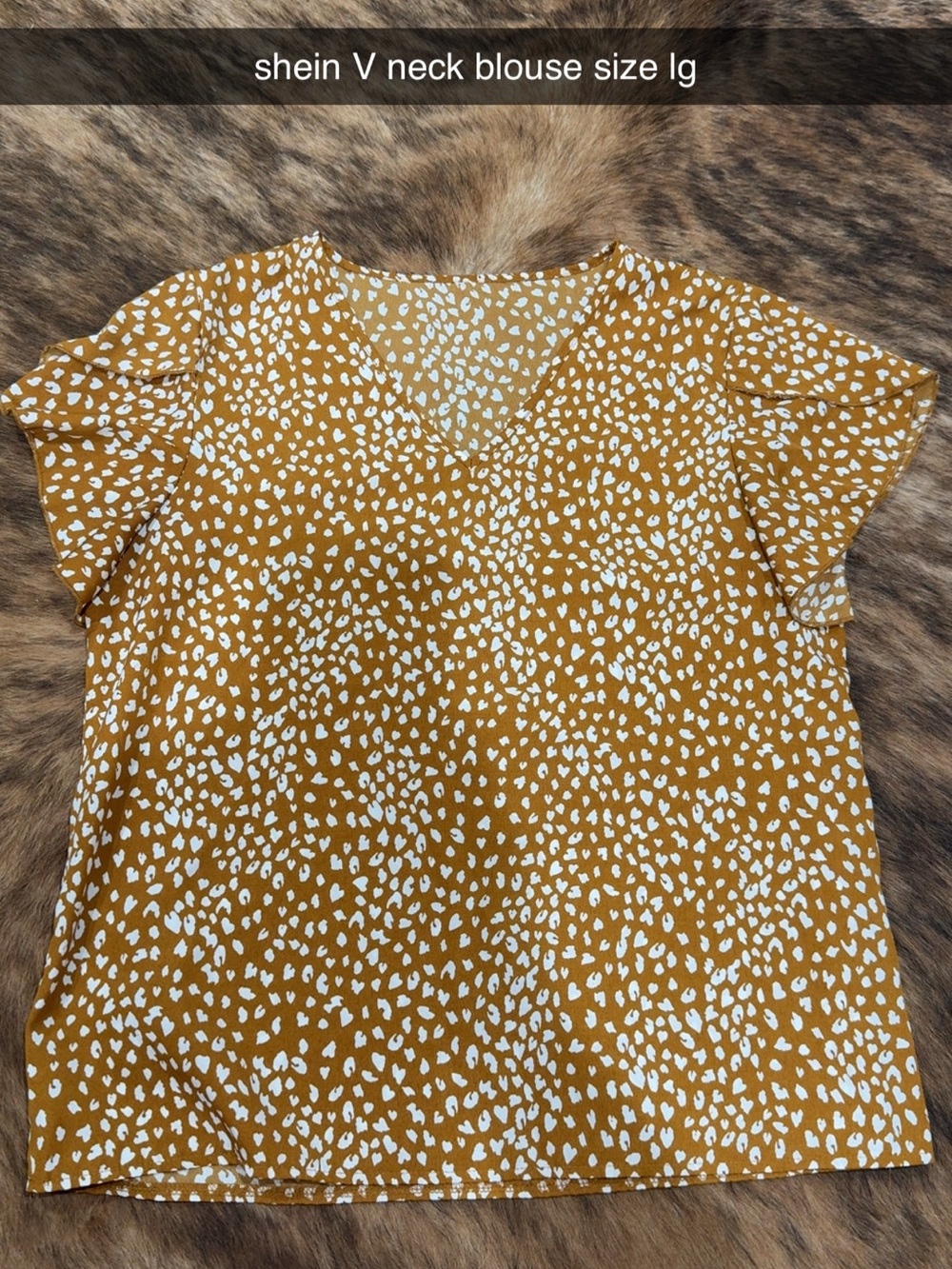 SHEIN Mustard V-Neck Short Sleeve Blouse with White Spot Print